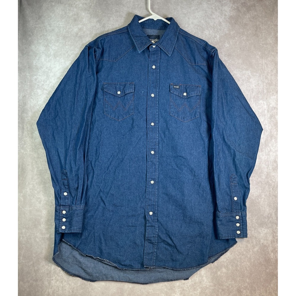 Wrangler Denim Shirt Mens XL Blue Pearl Snap Long Sleeve Western Outdoor Rodeo